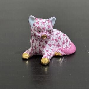 Herend Small Mini Pink Fishnet Seated Cat Kitten Kitty 24K Gold Accents